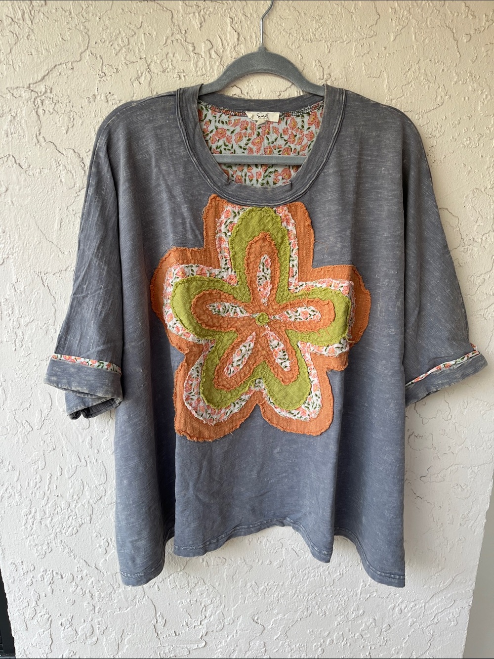 Easel Muted Periwinkle Tee w/Textured Floral Appliqué & Floral Trimmed Sleeves - Picture 8 of 11